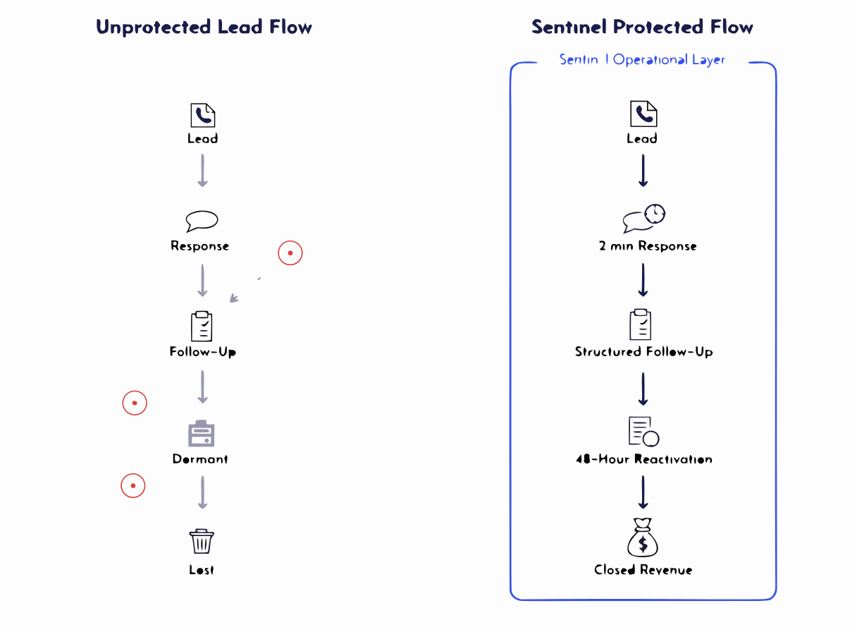 Sentinel revenue protection flow: unprotected vs protected lead flow